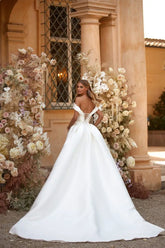 Off-Shoulders Ivory Mermaid Modern Satin Vestido De Novia Satin Princess Gown Wedding Dress Bow Court Train Dress